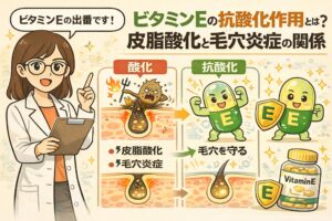 ビタミンEの抗酸化作用と、皮脂酸化・毛穴炎症との関係を解説したイラスト。白衣の女性が説明役となり、酸化によって毛穴トラブルが起こる仕組みと、ビタミンEが抗酸化作用で毛穴を守る流れを、擬人化キャラクターと毛穴断面図で分かりやすく表現している。