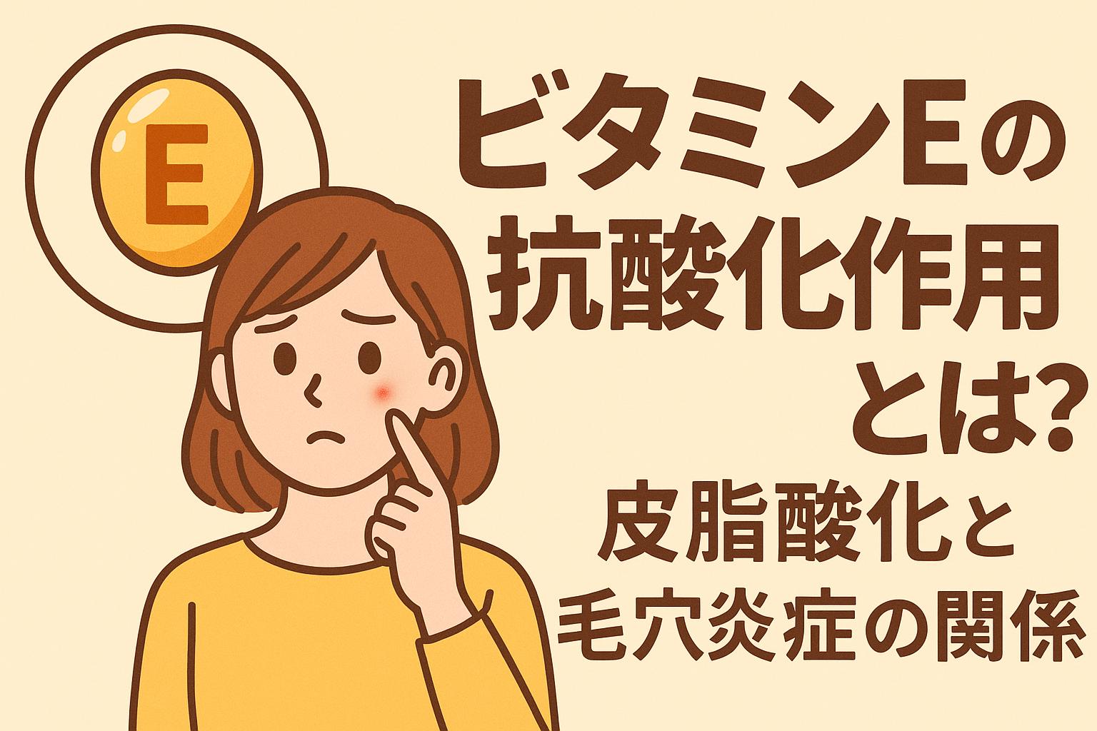 ビタミンEの抗酸化作用をテーマにしたイラスト。ニキビに悩む女性が頬を指さし、「皮脂酸化と毛穴炎症の関係」に関するテキストとビタミンEカプセルが描かれており、毛穴炎症と酸化の関連性を伝える構成。