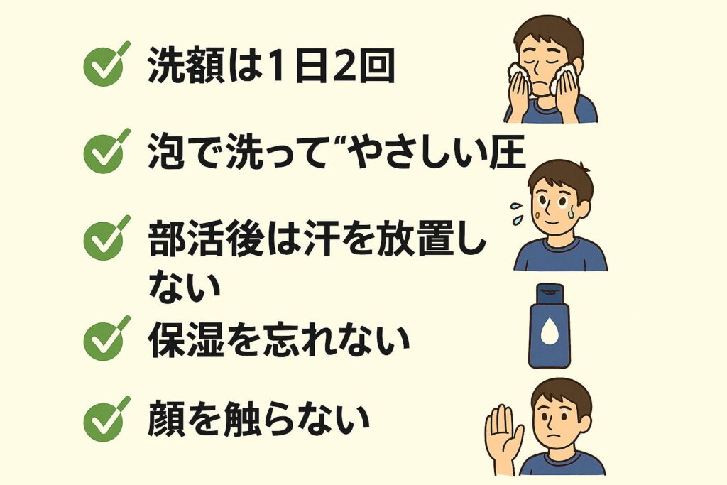 正しい洗顔習慣のまとめチェックリスト。
✅ 洗顔は1日2回（男子が洗顔しているイラスト）
✅ 泡で洗って“やさしい圧”（泡立て中の男子）
✅ 部活後は汗を放置しない（汗をかいた男子）
✅ 保湿を忘れない（保湿ボトルのイラスト）
✅ 顔を触らない（手を挙げて制止する男子）