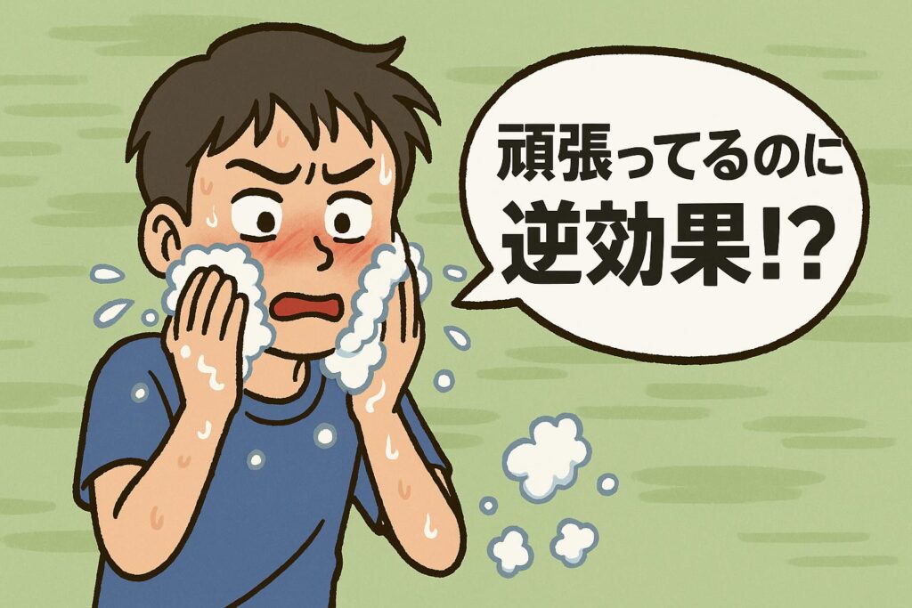 中学生男子が洗面所でゴシゴシ洗顔をして頬が赤くなり、困惑した表情をしているイラスト。右側に吹き出しで「頑張ってるのに逆効果!?」と書かれている。