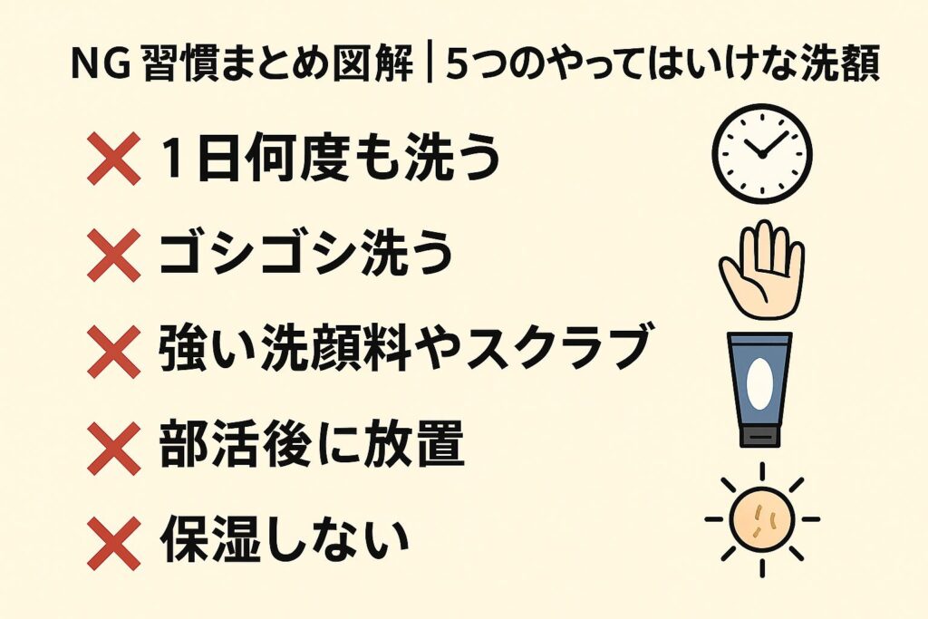 「NG習慣まとめ図解｜5つのやってはいけない洗顔」と題された図解。
❌ 1日何度も洗う（時計アイコン）
❌ ゴシゴシ洗う（手のひらアイコン）
❌ 強い洗顔料やスクラブ（洗顔料チューブアイコン）
❌ 部活後に放置（汗をかいた男子アイコン）
❌ 保湿しない（乾燥した顔のアイコン）