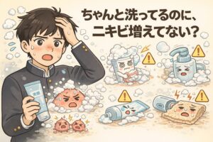 きちんと洗顔しているのにニキビが増えてしまう理由を表現した図解イラスト。左側には、洗顔料を手にしながら頭を抱えて悩む男性が描かれ、頬には赤みやニキビが見られる。周囲には泡や水しぶきが多く描かれ、洗いすぎ・摩擦・刺激を連想させる演出がされている。右側には、洗顔フォーム、ポンプ式洗顔、チューブ、スポンジなどのアイテムが警告マーク付きで配置され、過剰な洗浄や道具の使いすぎが肌トラブルにつながる可能性を示唆している。「ちゃんと洗ってるのに、ニキビ増えてない？」という問いを通じて、洗顔方法の見直しが必要であることを視覚的に伝えている。