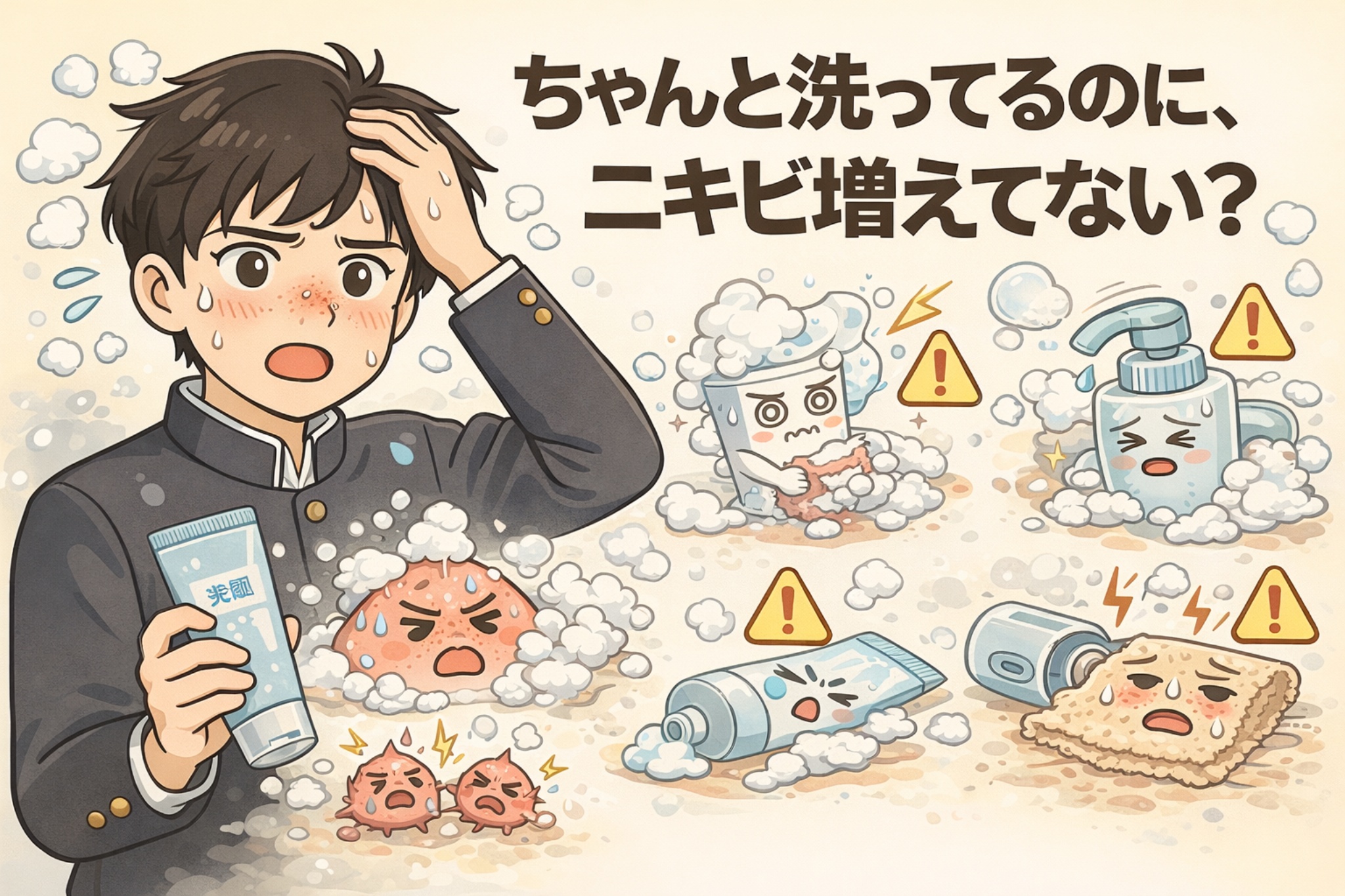 きちんと洗顔しているのにニキビが増えてしまう理由を表現した図解イラスト。左側には、洗顔料を手にしながら頭を抱えて悩む男性が描かれ、頬には赤みやニキビが見られる。周囲には泡や水しぶきが多く描かれ、洗いすぎ・摩擦・刺激を連想させる演出がされている。右側には、洗顔フォーム、ポンプ式洗顔、チューブ、スポンジなどのアイテムが警告マーク付きで配置され、過剰な洗浄や道具の使いすぎが肌トラブルにつながる可能性を示唆している。「ちゃんと洗ってるのに、ニキビ増えてない?」という問いを通じて、洗顔方法の見直しが必要であることを視覚的に伝えている。