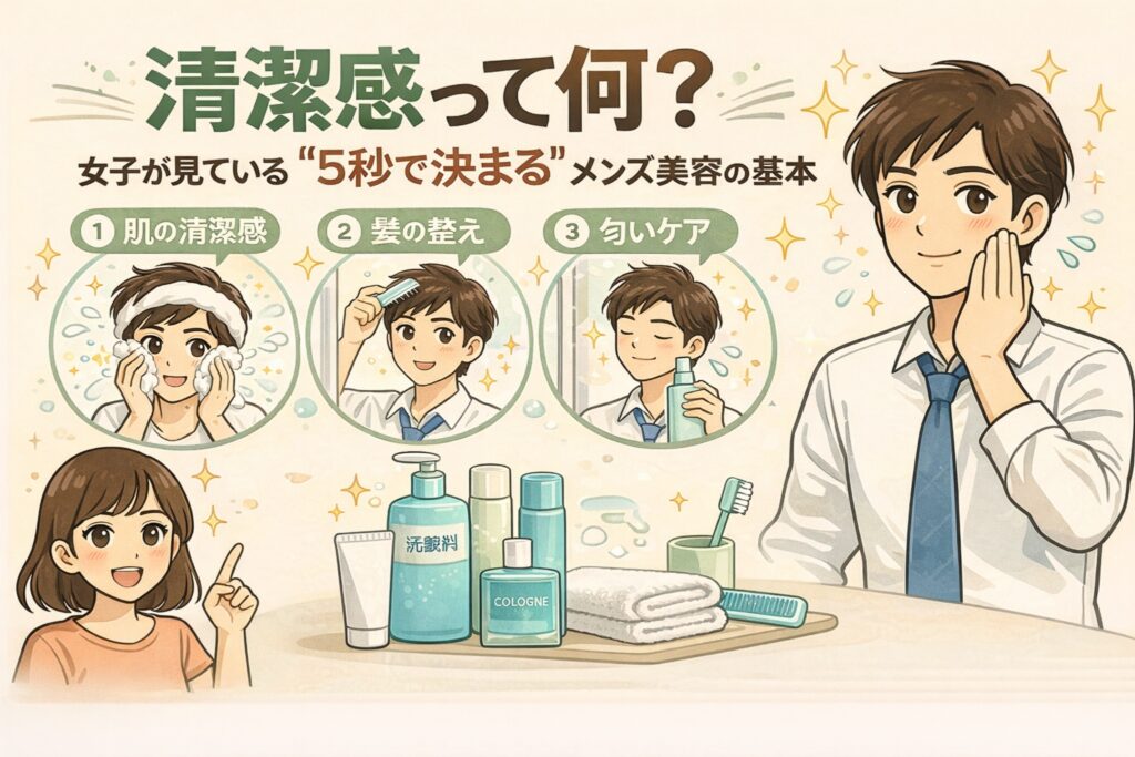 清潔感とは何かをメンズ美容の視点で解説したイラスト。女性が第一印象で見るポイントとして、肌の清潔感・髪の整え・匂いケアの3要素を示し、洗顔やヘアセット、スキンケア用品を使った基本的な身だしなみをわかりやすく整理している。