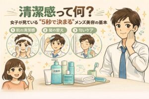 清潔感とは何かをメンズ美容の視点で解説したイラスト。女性が第一印象で見るポイントとして、肌の清潔感・髪の整え・匂いケアの3要素を示し、洗顔やヘアセット、スキンケア用品を使った基本的な身だしなみをわかりやすく整理している。