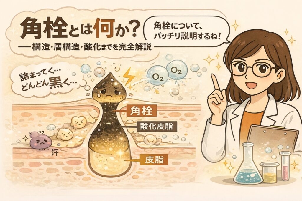角栓の正体を解説する図解イラスト。毛穴断面図の中央に角栓が描かれ、皮脂・酸化皮脂・角質が層状に重なって詰まる構造を示している。酸素（O2）による酸化で角栓が黒ずんでいく過程や、汗や皮脂との関係も視覚化されている。右側には白衣と眼鏡の女性が指差しで説明する姿が描かれ、角栓の構造・層構造・酸化までを基礎知識としてわかりやすく伝えるビジュアル。
