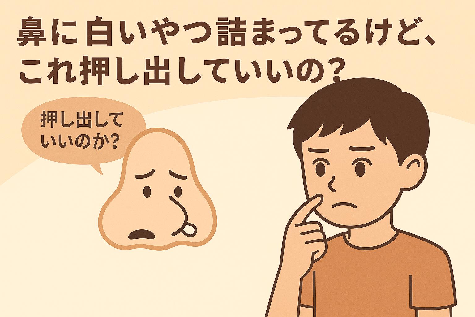 鼻に白いものが詰まっているのを気にする男子中学生と、「押し出していいのか？」と悩む擬人化された鼻キャラのイラスト。