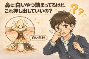 鼻に詰まった白い角栓を押し出してよいのか悩む学生のイラスト。鼻を押さえて困った表情の男性と、毛穴断面図に描かれた白い角栓の構造を並べ、無理に押し出すことのリスクと正しい角栓ケアの考え方を視覚的に示している。