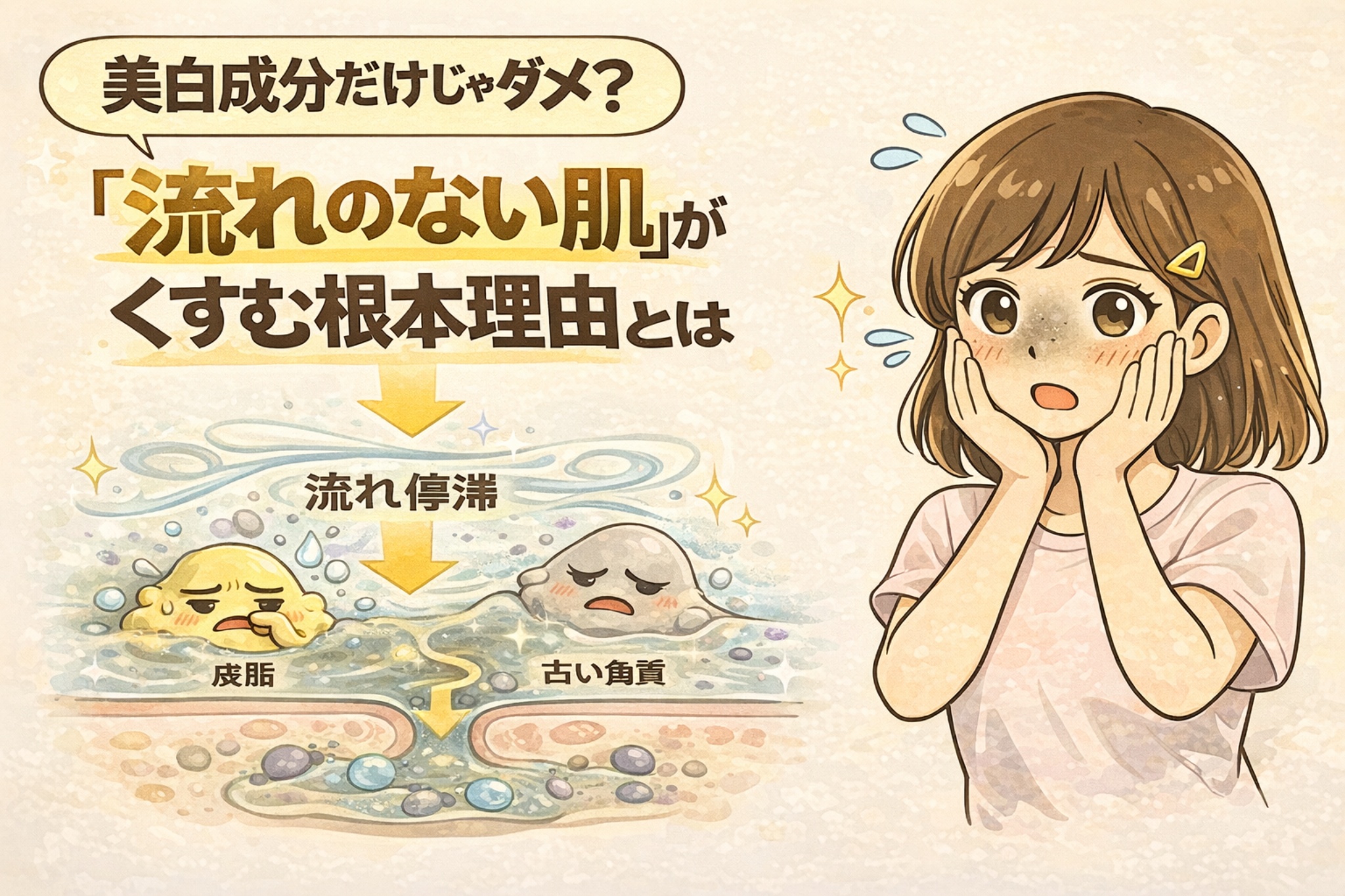 美白成分だけでは肌のくすみが改善しない理由を解説したイラスト。皮脂や古い角質の流れが滞ることで「流れのない肌」になり、透明感が失われる仕組みを、擬人化した皮脂と角質、くすみに悩む女性の表情で表現している。
