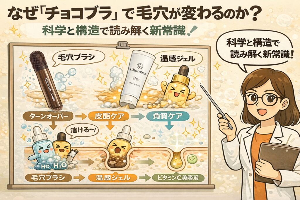 「なぜチョコブラで毛穴が変わるのか」を科学と構造の視点で解説する図解イラスト。毛穴ブラシ、温感ジェル、ビタミンC美容液の3ステップによって、ターンオーバー・皮脂ケア・角質ケアが連動し、毛穴の流れが整う仕組みを、毛穴断面図と擬人化キャラクター、白衣の女性研究者が説明している