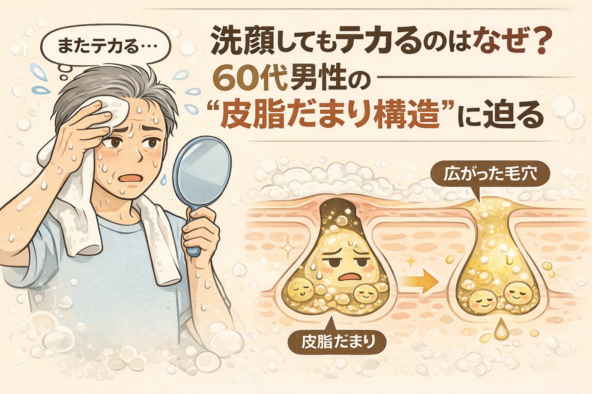 洗顔してもテカリが出る理由を解説する図解イラスト。60代男性が洗顔後に鏡を見て額のテカリを気にする様子と、右側には毛穴断面図で皮脂だまりが残り、毛穴が広がって皮脂が再び表面に出てくる構造が描かれている。洗顔だけでは解消しにくい皮脂だまり構造と、年齢肌特有のテカリの原因を視覚的に説明するビジュアル。