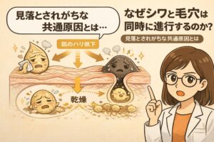 シワと毛穴が同時に進行する理由を解説する図解イラスト。肌断面図の中で、肌のハリ低下と乾燥が共通原因となり、表面ではシワ、毛穴では角栓や黒ずみが進行する様子を擬人化キャラクターで表現。右側には白衣を着た女性研究者が指差しで解説している。
