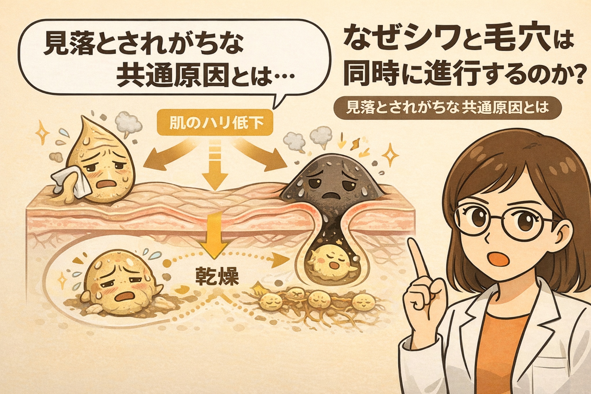 シワと毛穴が同時に進行する理由を解説する図解イラスト。肌断面図の中で、肌のハリ低下と乾燥が共通原因となり、表面ではシワ、毛穴では角栓や黒ずみが進行する様子を擬人化キャラクターで表現。右側には白衣を着た女性研究者が指差しで解説している。