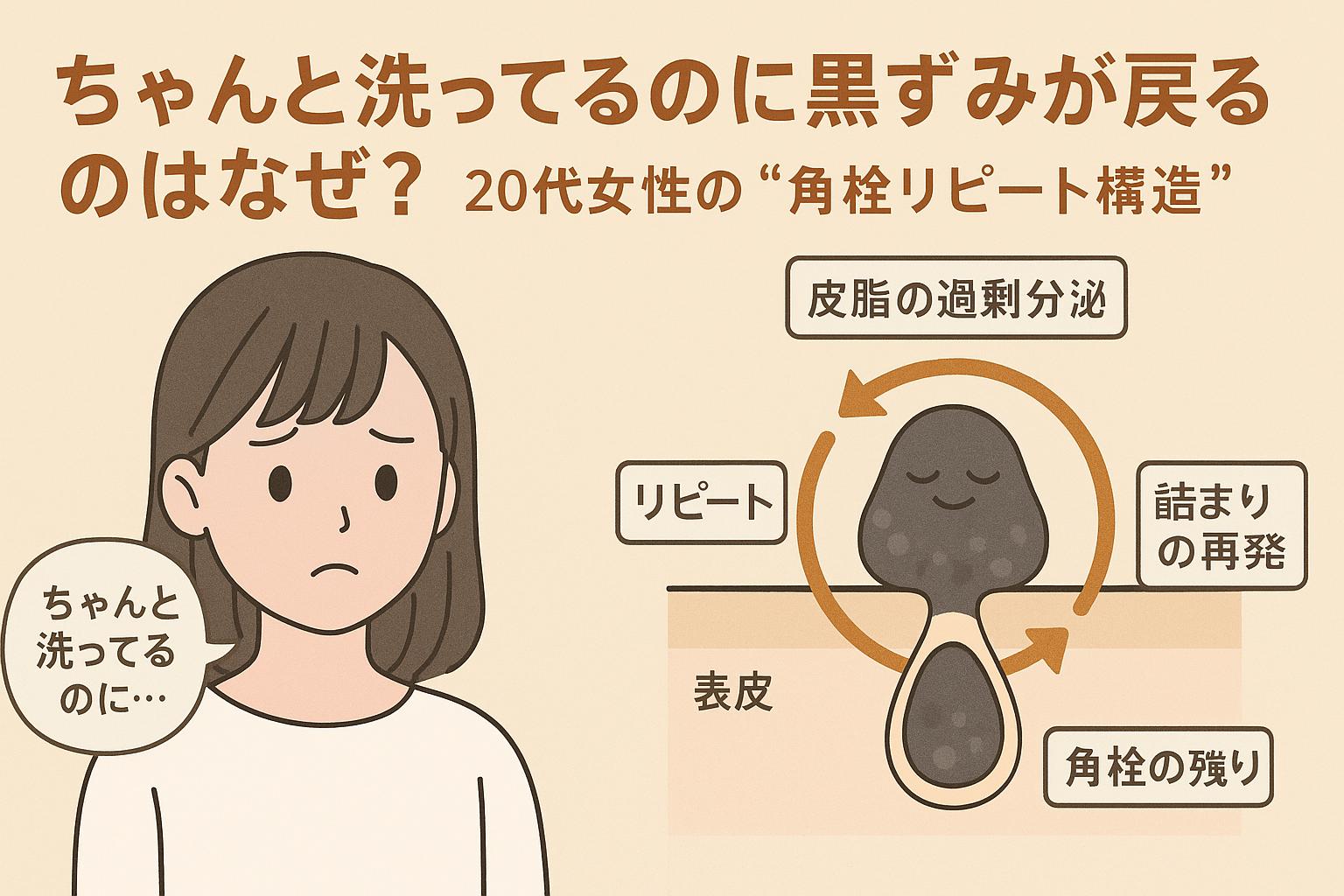 「ちゃんと洗ってるのに…」と悩む20代女性と、黒ずみが繰り返される構造を示す毛穴図。「皮脂の過剰分泌」「角栓の残り」「詰まりの再発」「リピート」などのラベルで、黒ずみ再発のループ構造を解説している。