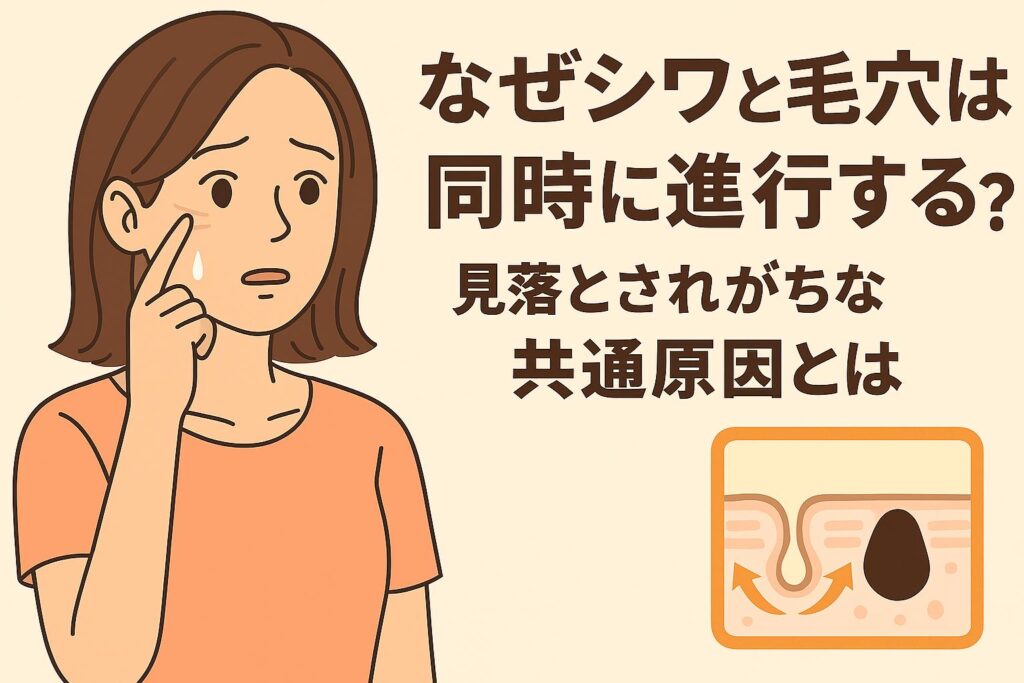30代女性が頬のシワを気にしているイラスト。右側には「なぜシワと毛穴は同時に進行するのか?──見落とされがちな共通原因とは」という文字と、肌の弾力低下でシワと毛穴が同時に進む仕組みを示す断面図が描かれている。