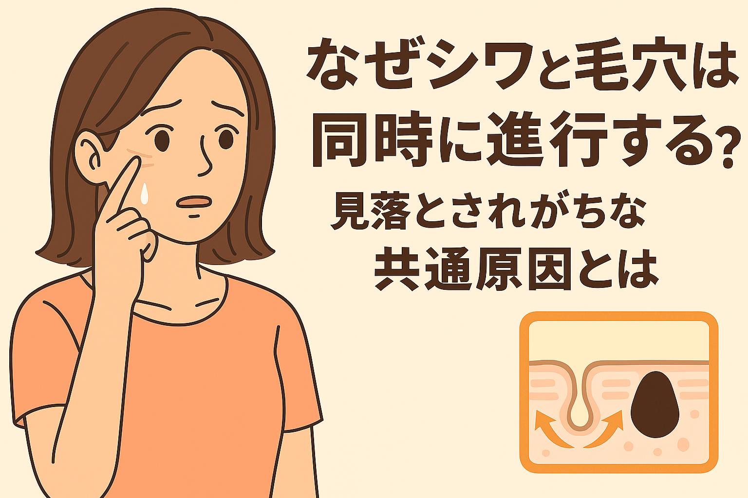 30代女性が頬のシワを気にしているイラスト。右側には「なぜシワと毛穴は同時に進行するのか?──見落とされがちな共通原因とは」という文字と、肌の弾力低下でシワと毛穴が同時に進む仕組みを示す断面図が描かれている。