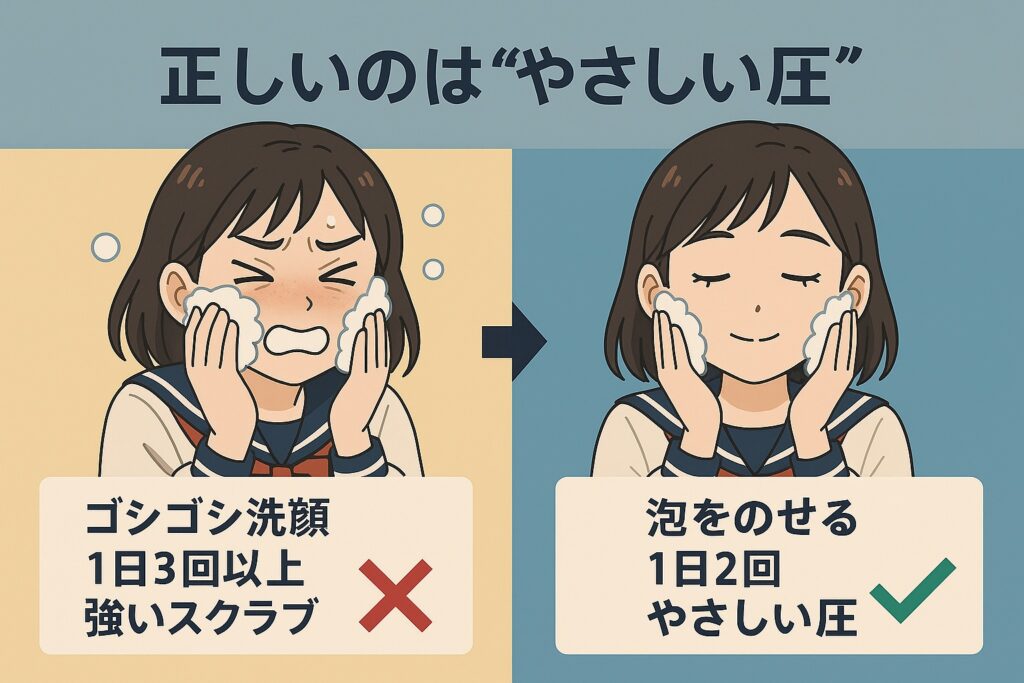 女子中学生が洗顔する場面を対比したイラスト。左側は「ゴシゴシ洗顔・1日3回以上・強いスクラブ」で肌が赤く荒れている。右側は「泡をのせる・1日2回・やさしい圧」で透明感のある肌。上部には「正しいのは“やさしい圧”」と書かれている。