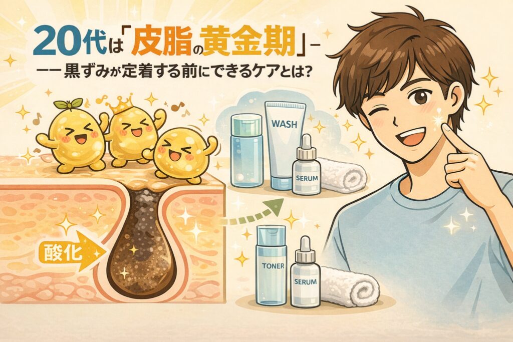 20代は皮脂分泌が活発な「黄金期」であることをテーマに、黒ずみが定着する前のケアの重要性を示した日本風2Dフラットイラスト。毛穴断面で皮脂が酸化して黒ずむ過程と、洗顔・化粧水・美容液による日常ケアを、爽やかな若い男性と擬人化皮脂キャラクターで分かりやすく描いている。
