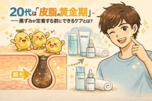 20代は皮脂分泌が活発な「黄金期」であることをテーマに、黒ずみが定着する前のケアの重要性を示した日本風2Dフラットイラスト。毛穴断面で皮脂が酸化して黒ずむ過程と、洗顔・化粧水・美容液による日常ケアを、爽やかな若い男性と擬人化皮脂キャラクターで分かりやすく描いている。