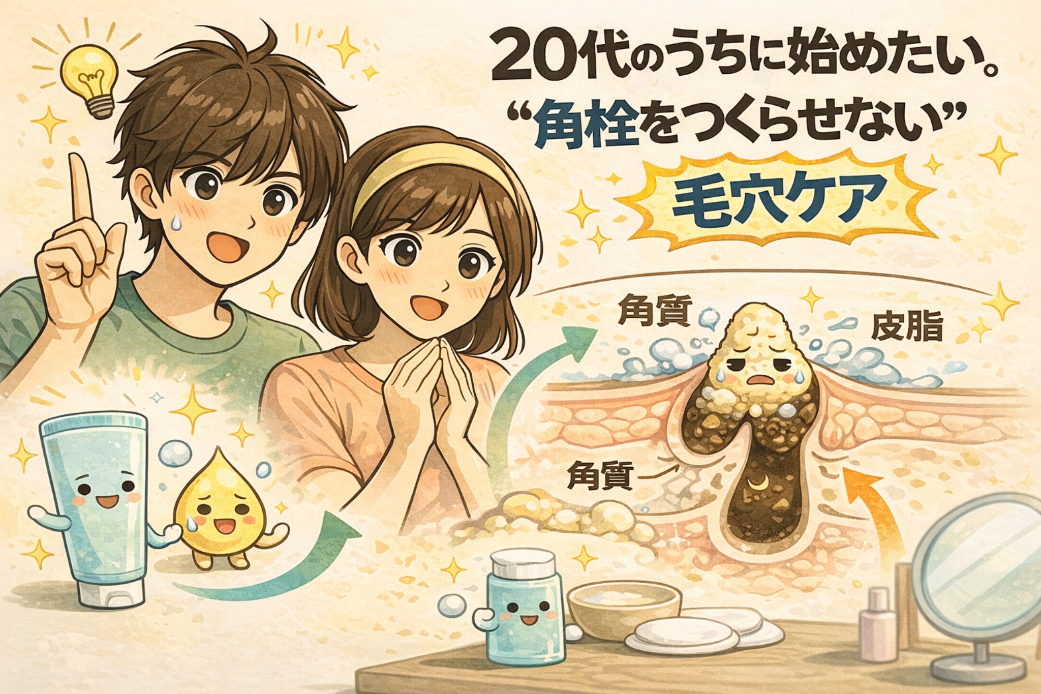 20代のうちに始めたい「角栓をつくらせない毛穴ケア」をテーマにしたイラスト。若い男女がポイントに気づく様子と、角質と皮脂が混ざって角栓になる毛穴断面図を対比し、毎日のケアで詰まりを防ぐ重要性を分かりやすく表現している。