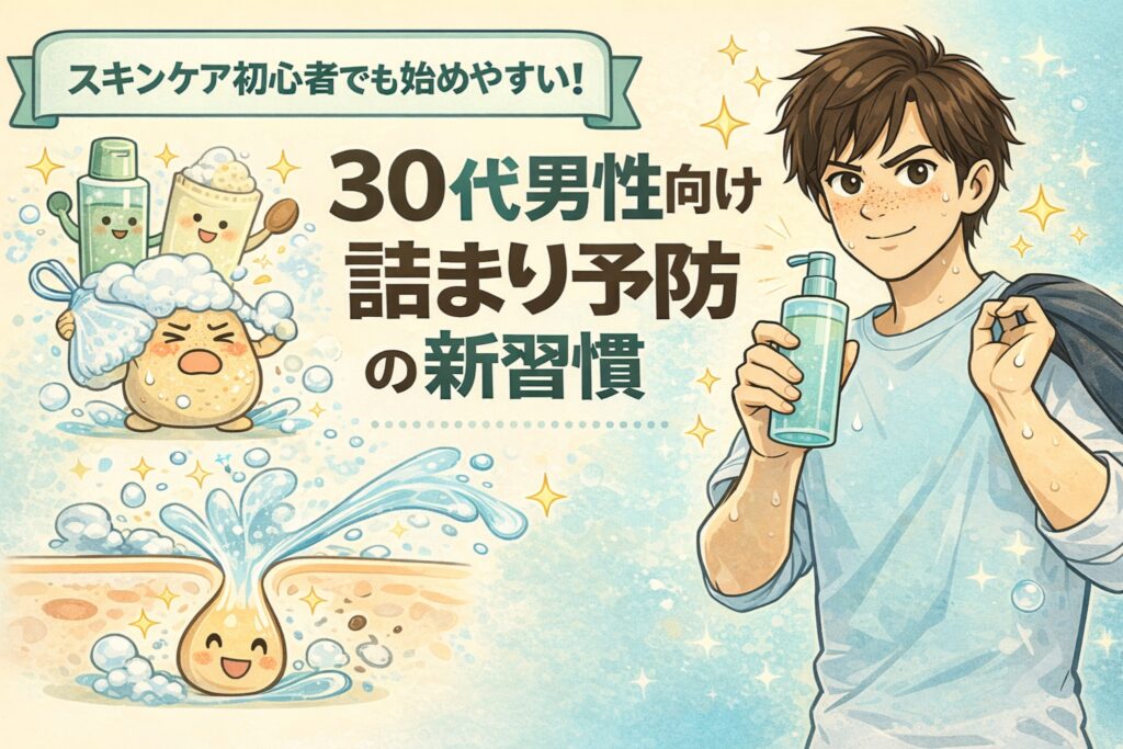 スキンケア初心者でも始めやすい、30代男性向けの毛穴詰まり予防習慣を紹介するイラスト。洗顔アイテムと泡に囲まれた角栓キャラクター、毛穴から水分が流れる断面図、化粧水を手にする男性が描かれている。毎日のシンプルなケアで毛穴の流れを整え、詰まりを防ぐ新しい習慣をわかりやすく表現している。