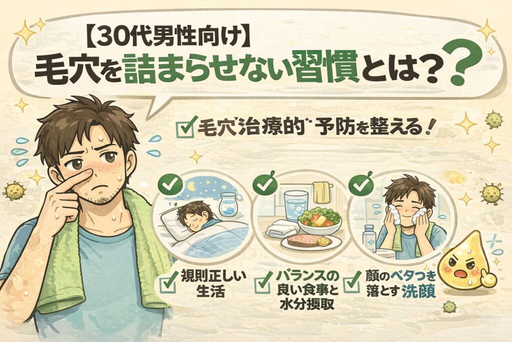 30代男性向けに、毛穴を詰まらせない習慣を解説したイラスト。鼻の毛穴を気にする男性と、規則正しい生活、バランスの良い食事と水分摂取、顔のベタつきを落とす洗顔といった予防習慣がチェックマーク付きで描かれている。