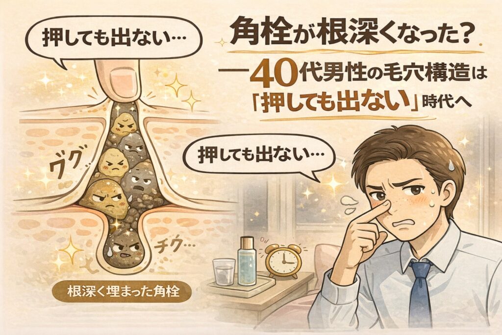 40代男性の毛穴構造の変化を解説するイラスト。角栓が毛穴の奥深くまで埋まり、指で押しても出なくなった状態を毛穴断面図で示し、鼻を押さえて悩む男性の様子とともに、年齢とともに変化する毛穴トラブルの特徴を分かりやすく表現している。
