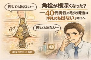 40代男性の毛穴構造の変化を解説するイラスト。角栓が毛穴の奥深くまで埋まり、指で押しても出なくなった状態を毛穴断面図で示し、鼻を押さえて悩む男性の様子とともに、年齢とともに変化する毛穴トラブルの特徴を分かりやすく表現している。