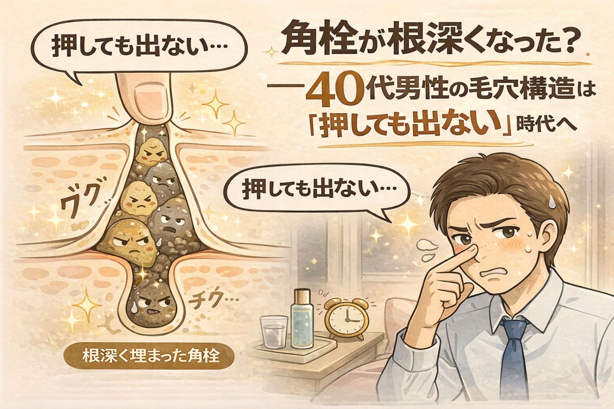 40代男性の毛穴構造の変化を解説するイラスト。角栓が毛穴の奥深くまで埋まり、指で押しても出なくなった状態を毛穴断面図で示し、鼻を押さえて悩む男性の様子とともに、年齢とともに変化する毛穴トラブルの特徴を分かりやすく表現している。