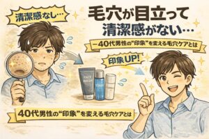 毛穴が目立って清潔感が出にくい40代男性の悩みと、適切な毛穴ケアによって印象が改善する様子を描いた図解イラスト。洗顔・化粧水・美容液による基本ケアで、毛穴が整い清潔感が向上する変化をビフォーアフターで示している。