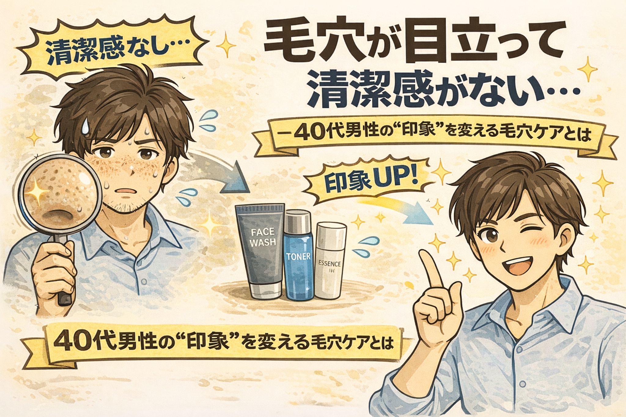 毛穴が目立って清潔感が出にくい40代男性の悩みと、適切な毛穴ケアによって印象が改善する様子を描いた図解イラスト。洗顔・化粧水・美容液による基本ケアで、毛穴が整い清潔感が向上する変化をビフォーアフターで示している。