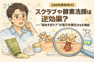 40代男性向けに、スクラブや酵素洗顔が毛穴に逆効果になる理由を解説したイラスト。鼻の毛穴を気にする男性と、角質を削りすぎて毛穴内部が炎症・悪化している断面図を示し、「攻めすぎケア」が毛穴環境を乱す仕組みを分かりやすく表現している。