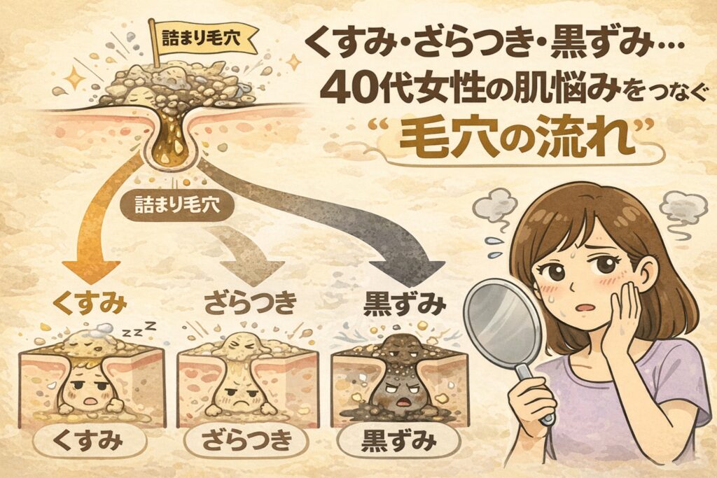 40代女性のくすみ・ざらつき・黒ずみといった肌悩みが、詰まり毛穴による「毛穴の流れ」の停滞からつながって起こることを解説したイラスト。毛穴断面図で詰まり毛穴から派生する肌変化を示し、鏡を見て悩む女性の姿とともに、年齢肌における毛穴ケアの重要性を視覚的に伝えている。