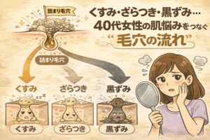 40代女性のくすみ・ざらつき・黒ずみといった肌悩みが、詰まり毛穴による「毛穴の流れ」の停滞からつながって起こることを解説したイラスト。毛穴断面図で詰まり毛穴から派生する肌変化を示し、鏡を見て悩む女性の姿とともに、年齢肌における毛穴ケアの重要性を視覚的に伝えている。