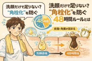 洗顔だけでは不十分で、「角栓化」を防ぐための48時間ルールを解説する図解イラスト。洗顔直後の皮脂が時間とともに固まり、48時間後には角栓として毛穴に詰まる過程が描かれている。左側では洗顔後に不安そうな男性、中央には48時間を示す円グラフ、右側には皮脂と角質が固まった毛穴断面図が示され、定期的なケアの重要性をわかりやすく伝えるビジュアル。