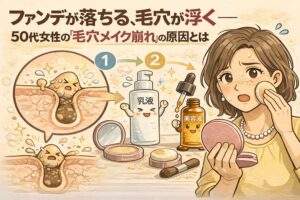 50代女性でファンデーションが落ちたり毛穴が浮いて見える原因を解説するイラスト。毛穴断面図で皮脂や凹凸が強調され、乳液や美容液の使い方、メイク中に悩む女性の表情を通して、毛穴メイク崩れが起こる仕組みを視覚的に示している。