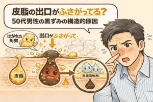 50代男性の鼻の黒ずみ構造を解説した図解イラスト。皮脂の出口が角質でふさがり、皮脂が排出されずに酸化・炎症を起こす過程を、断面図と擬人化キャラクターで説明している。