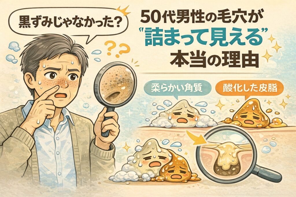 50代男性の毛穴が黒ずみではなく「詰まって見える」理由を解説するイラスト。鏡とルーペで鼻の毛穴を確認する男性と、柔らかい角質と酸化した皮脂の違いを示す比較図が描かれている。毛穴断面では角質と皮脂が重なって詰まりに見える構造が強調され、年齢による毛穴印象の変化をわかりやすく説明している。