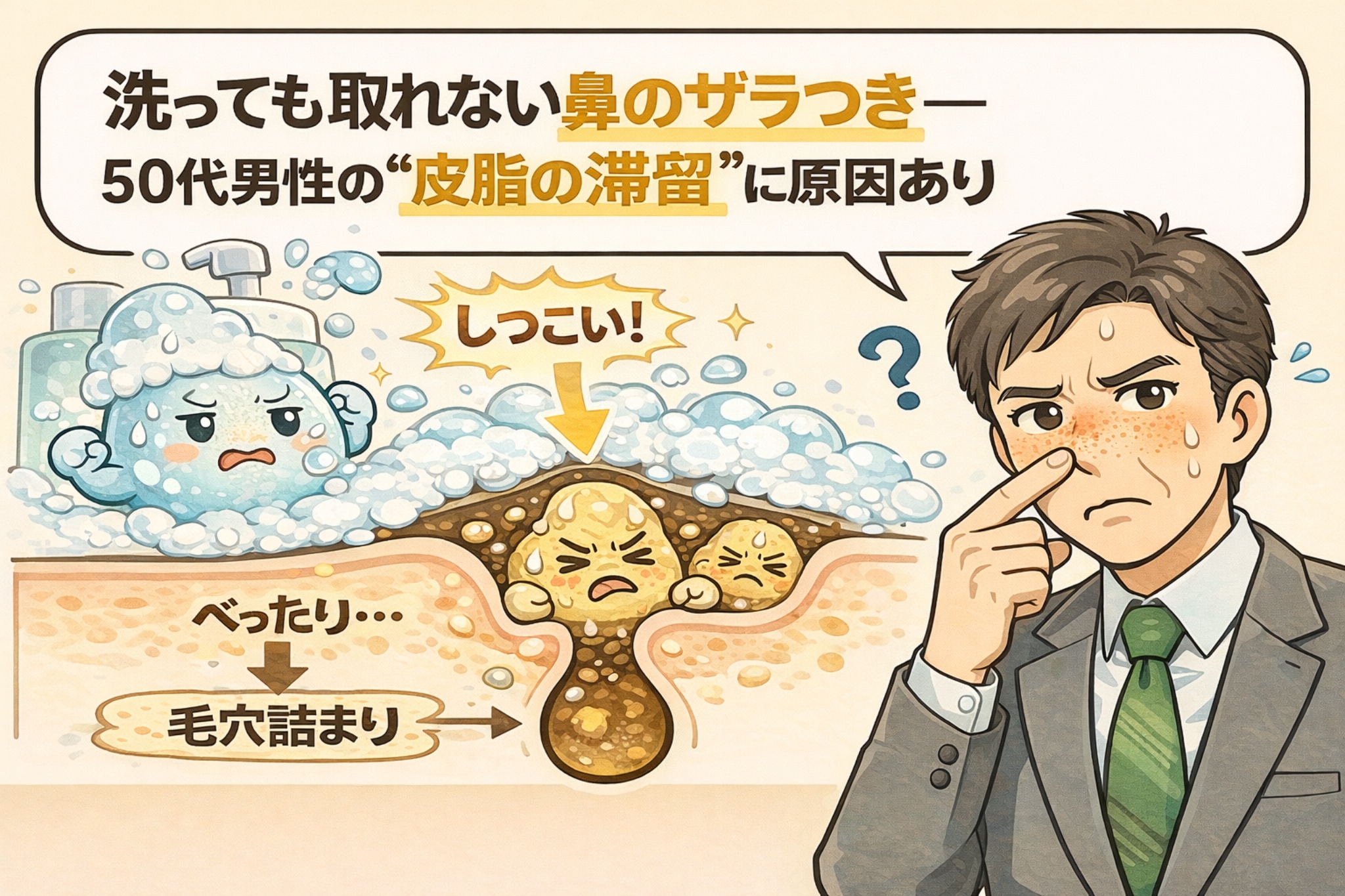 洗顔しても取れない50代男性の鼻のザラつきが、皮脂の滞留によって毛穴に詰まっている構造を説明したイラスト。泡立つ洗顔料では落としきれない皮脂と角栓が毛穴内に残り、悩む男性の表情とともに示されている。