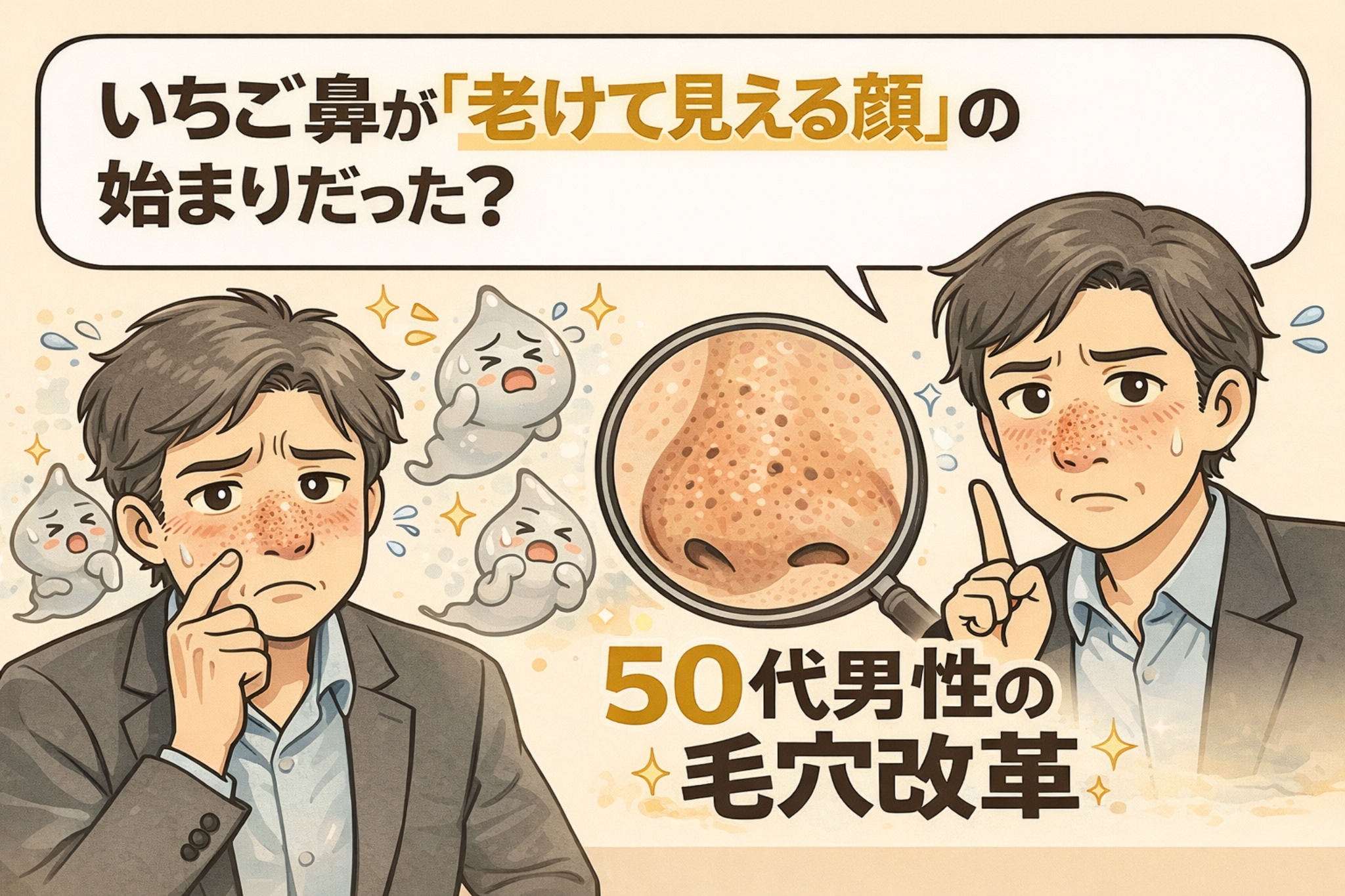いちご鼻が顔全体を老けて見せる原因になっている可能性を示したイラスト。鼻の毛穴が目立つ50代男性の悩む表情と、拡大された鼻の毛穴の様子を対比し、毛穴ケアの見直しによる「毛穴改革」をテーマに描いている。