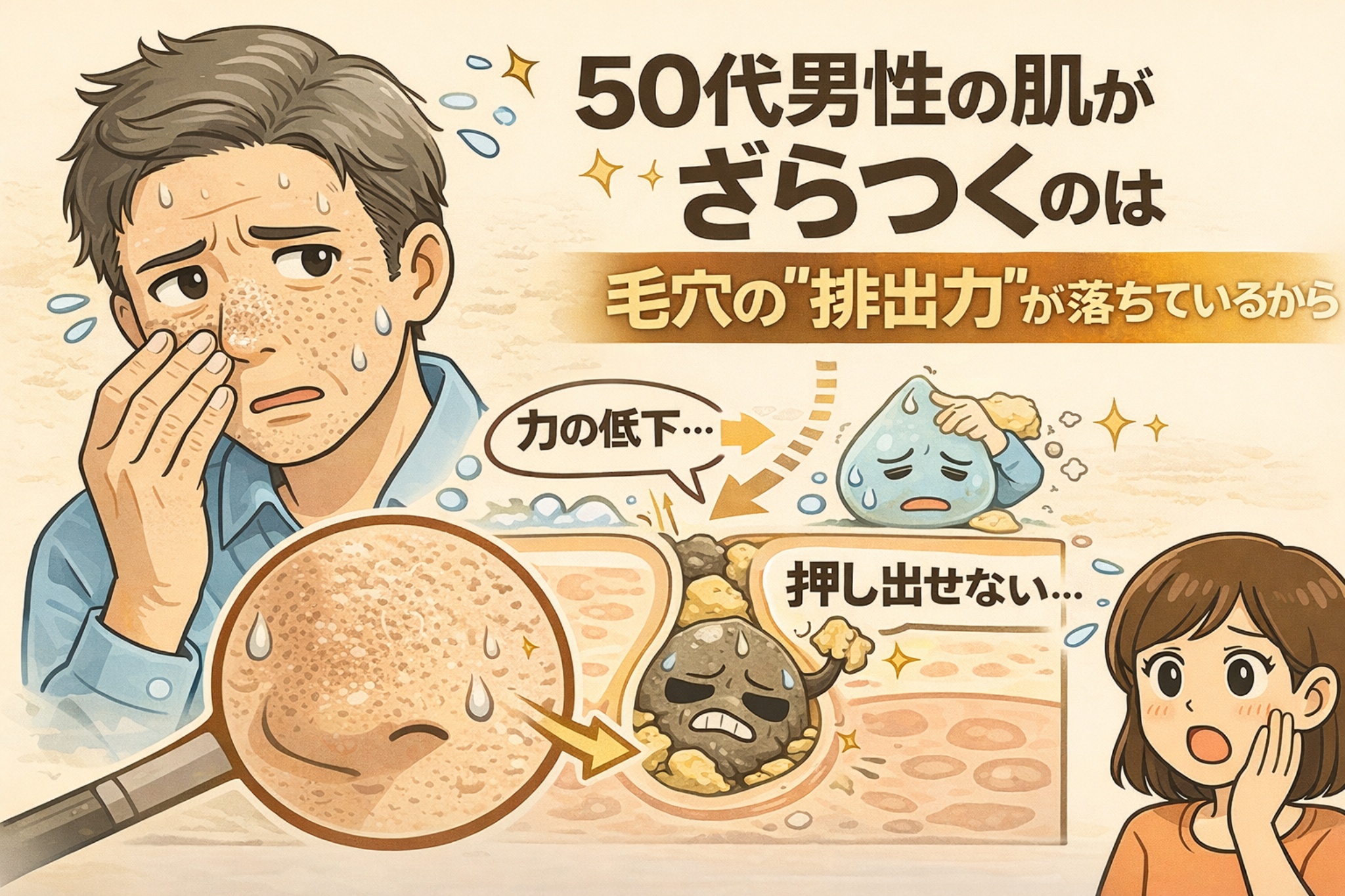 50代男性が鼻のざらつきを気にして触っているイラスト。毛穴の断面図では、皮脂や角質が詰まり排出できずに滞留している様子が擬人化され、「毛穴の排出力低下」により肌がざらつく構造を説明している。背景は淡色で、右側に驚いた女性のリアクションと解説要素が配置された教育的ビジュアル。