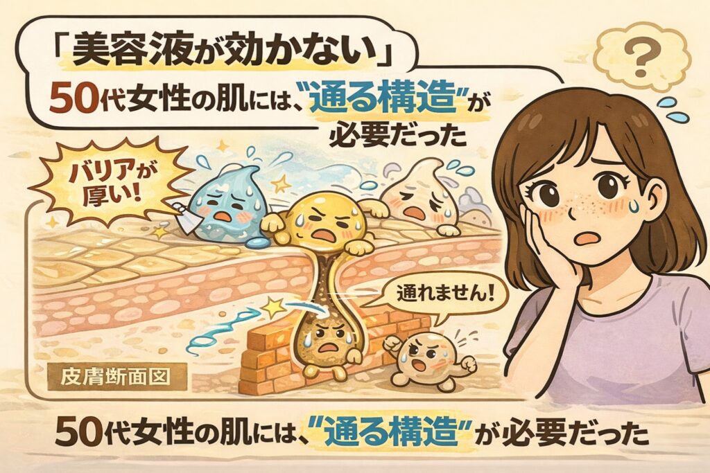 「美容液が効かない」と感じやすい50代女性の肌構造を解説するイラスト。厚くなったバリア層によって成分が通りにくい皮膚断面図を、擬人化された美容成分と毛穴のキャラクターで表現し、成分が浸透しづらい理由と“通る構造”の重要性を視覚的に示している。