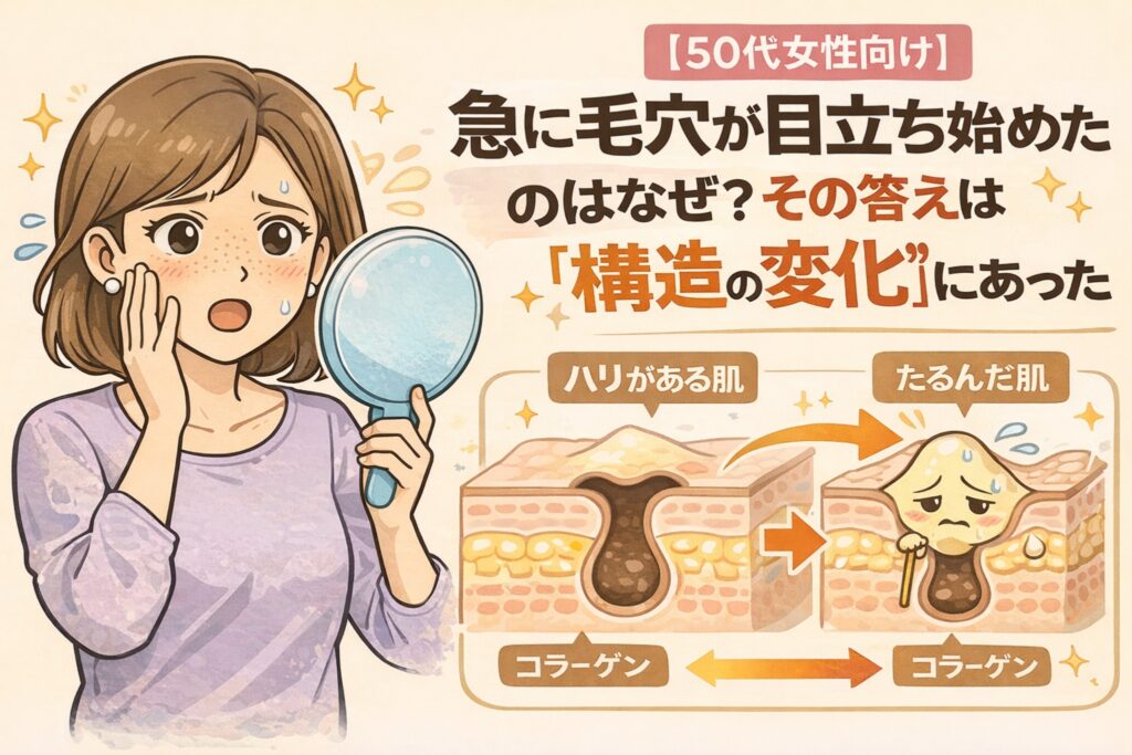 50代女性で急に毛穴が目立ち始める理由を「肌構造の変化」から解説するイラスト。鏡で頬の毛穴を確認して驚く女性と、ハリのある肌からたるんだ肌へ変化する毛穴断面図を並べ、コラーゲン低下による構造変化が毛穴目立ちにつながる仕組みをわかりやすく表現している。