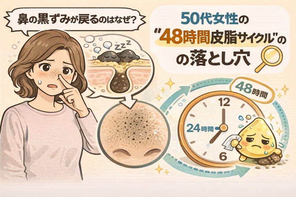 鼻の黒ずみが繰り返し戻る理由を、50代女性の肌変化と「48時間皮脂サイクル」の視点から解説するイラスト。黒ずみ毛穴の断面図と、皮脂が時間経過で再酸化・再詰まりする様子を時計で示し、洗顔だけでは防げない“落とし穴”をわかりやすく説明している毛穴ケア解説画像。