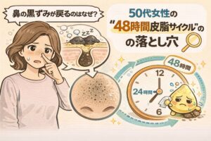 鼻の黒ずみが繰り返し戻る理由を、50代女性の肌変化と「48時間皮脂サイクル」の視点から解説するイラスト。黒ずみ毛穴の断面図と、皮脂が時間経過で再酸化・再詰まりする様子を時計で示し、洗顔だけでは防げない“落とし穴”をわかりやすく説明している毛穴ケア解説画像。