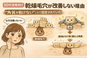 50代女性向けに、乾燥毛穴が改善しにくい理由を「角質が動かず固定されている構造問題」として解説したイラスト。乾燥した毛穴の断面と、隙間なく固く重なった角質が鎖で固定されたように描かれ、角質が動かないことで毛穴悩みが続く様子を分かりやすく表現している。悩む女性の表情とともに、年齢肌特有の乾燥毛穴の構造的背景を示している。