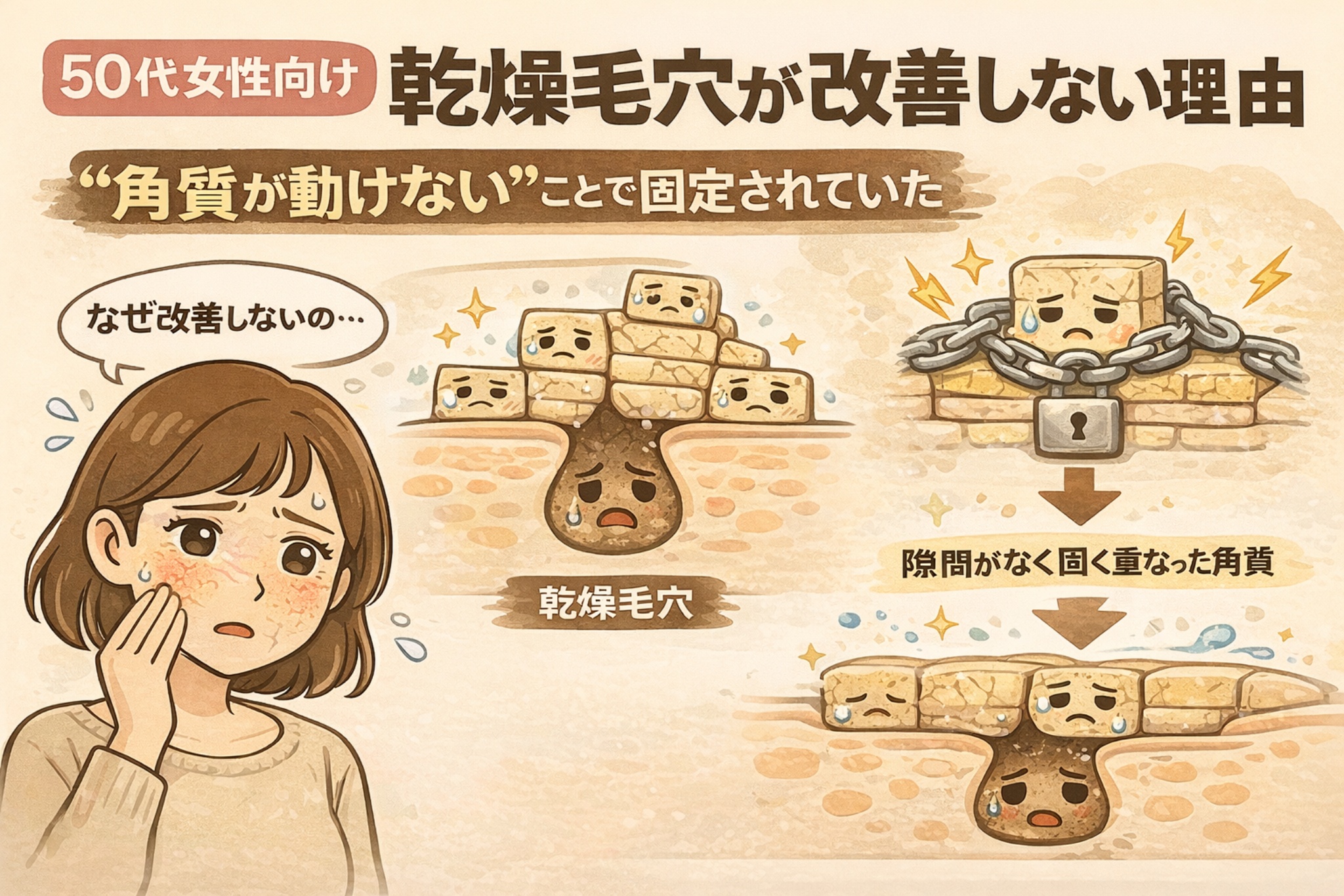 50代女性向けに、乾燥毛穴が改善しにくい理由を「角質が動かず固定されている構造問題」として解説したイラスト。乾燥した毛穴の断面と、隙間なく固く重なった角質が鎖で固定されたように描かれ、角質が動かないことで毛穴悩みが続く様子を分かりやすく表現している。悩む女性の表情とともに、年齢肌特有の乾燥毛穴の構造的背景を示している。
