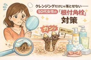クレンジングだけでは落とせない50代女性の「根付角栓」対策を解説したイラスト。鏡で鼻を確認する女性と、毛穴の奥に根を張るように詰まった角栓の断面図が描かれている。角栓が皮膚に定着している様子や、通常のクレンジングでは除去できない構造が強調され、スキンケアアイテムとあわせて正しい対策を示す淡いベージュ背景のアイキャッチ。