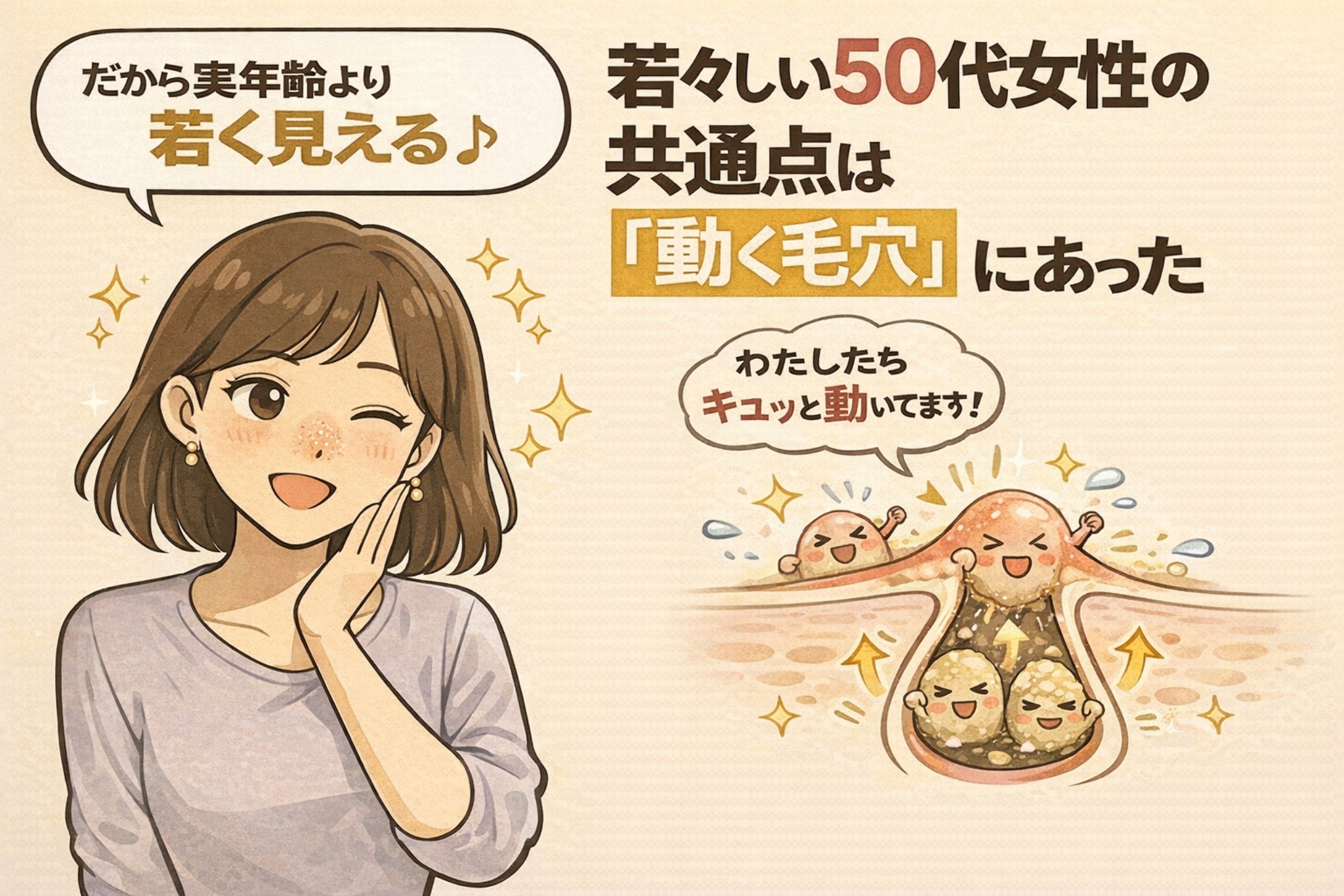 若々しく見える50代女性の共通点が「動く毛穴」にあることを示したイラスト。いきいきとした表情の女性とともに、毛穴断面で皮脂や角栓が滞らず動いている様子を描き、肌のハリや清潔感につながる構造を説明している。