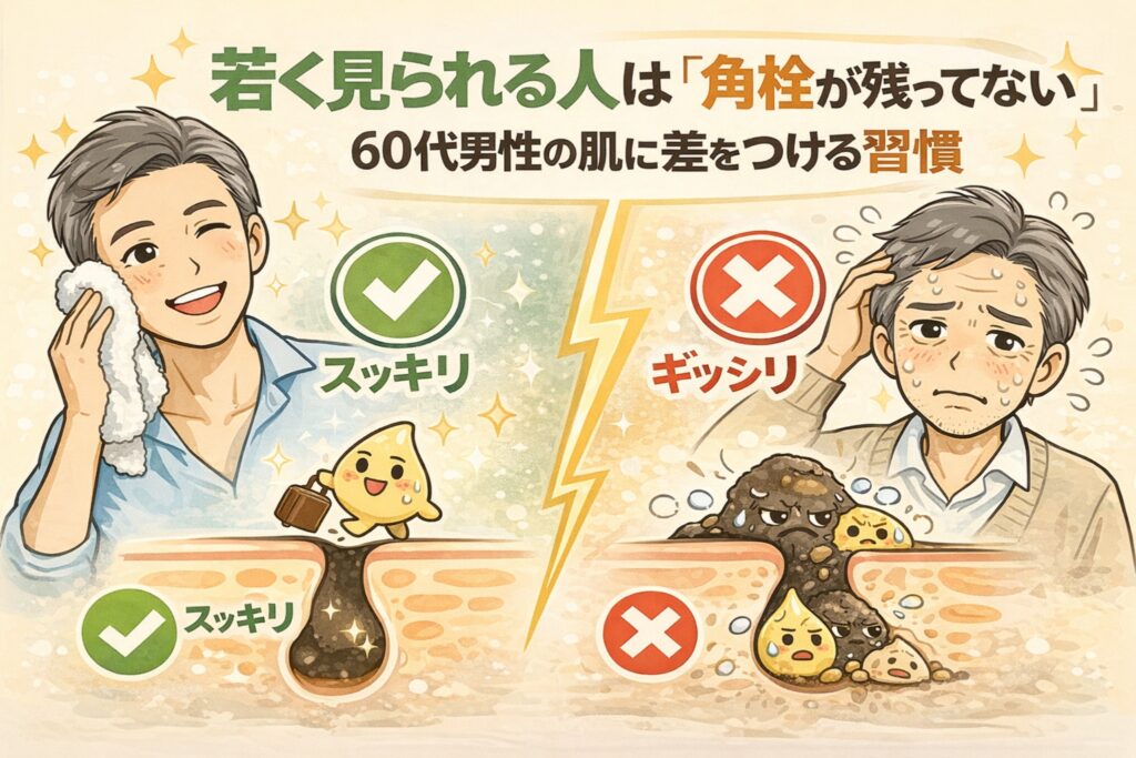 60代男性の肌ケアを比較したイラスト。角栓が残らず毛穴がスッキリした肌は若々しく見える一方、角栓が詰まったままの肌はくすんで疲れた印象になる様子を対比で表現し、年齢差が出る習慣の重要性を分かりやすく解説している。